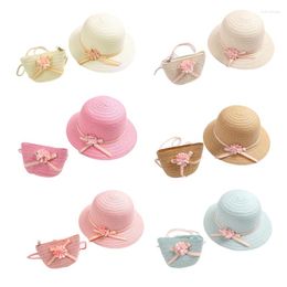 Hats 50JB Kids Large Wide Brim For Sun Protection Straw Hat Summer Beach Woven Sweet Flower Bowknot Cap And Shoulder B