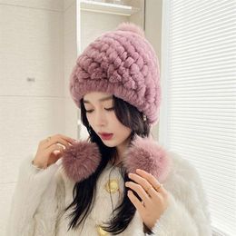 Beanies 2021 Real Rex Fur Elastic Knitted Cap With Pom Bonnets Women's Hat Earflap S2776237m