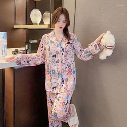 Women's Sleepwear Cute Print Cartoon 2Pcs Pjs Summer Satin Home Clothes Long Sleeve Pyjamas Suit Women Fashion Loungewear Trousers