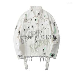 Men's Jackets Men's Jackets Punk White Ripped Denim Jacket Coat 2022 Hip Hop Streetwear Couple Destroyed Letter Printed Rhinestone Fashion Rock Jeans x0913 x0913