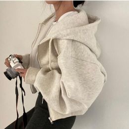 Women's Hoodies We.Fine 2023 Autumn Women Retro Solid Zip Up Sweatshirts Harajuku Korean Version Long Sleeve Hooded Jackets Coat