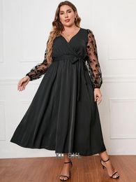 Plus Size Dresses Women Dress Mesh See Through Long Sleeves Robe Floral Print Deep V Neck Solid Color Female Gown Wai 3xl 4xl 5xl 6xl