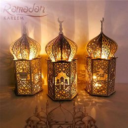Wooden Eid Desktop Decoration Mubarak Muslim Wood Crafts Warm Lights Lantern Ornaments For Eid Muslim Islam Ramadan Party 210610227m