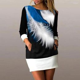 Casual Dresses Elegant Dress Feather Print O-neck Full-sleeve Skirt Female Autumn Clothes Loose Stitching Straight For Women