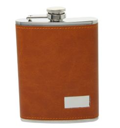 Brown Leather Hip Flask stainless steel 304 with sliver , Food degree suit for co2 machine or Fibre machine engraved