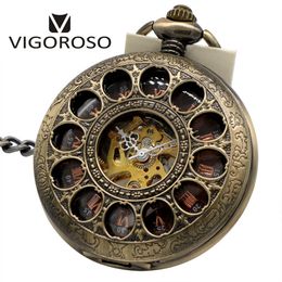 Men's Antique Hand Wind Mechanical Pocket Watch Fashion Men Cool Wood Dial Steampunk Vintage Skeleton Pocket Watch Pendant Gi321a