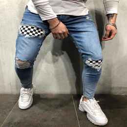 Men Stretchy Ripped Skinny Plaid Patchwork Jeans Destroyed Hole Taped Slim Fit Denim Scratched High Quality Jean266n