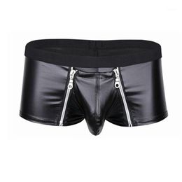 Underpants Mens Lingerie Faux Leather Underwear Bulge Pouch With Double Zipper Closure Boxer Briefs Low Rise Sexy Male Panties2678
