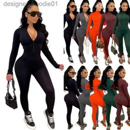 Womens Jumpsuits Rompers Fall And Winter Womens Fashion Sports Jumpsuits Leisure Bodysuits Tight Long Sleeve Conjoined Pants Zipper Rompers Bodycon Capris L23091