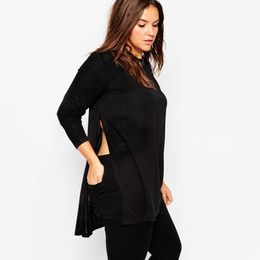 Women's Plus Size TShirt Long Sleeve Elegant Spring Autumn Tunic Women Solid Black Loose Blouse And Tops Slit Female Large Sweatshirts 7XL 230912