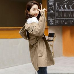 Women's Trench Coats Spring Autumn Period Khaki Classic Hooded Coat For Women Casual Adjustable Waist Windbreaker Loose Zip Up Jackets