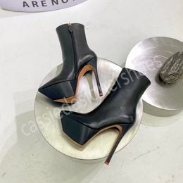 AMINA Stiletto High Heels Zip Chelsea Boots Round Toe Solid Colour Genuine Leather Fashion Western Vintage Ankle Women Heels Winter Outdoor Platfform Ladies Shoes