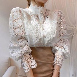 Женские блузки 2023, воротник-стойка с рукавами и цветочным кружевом, лоскутная рубашка Femme Blusas, универсальная женская блузка на пуговицах, белый топ