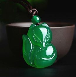 Natural jade white yellow pink green fox pendant necklace hand-carved