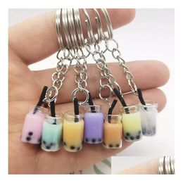 Creative Mini Soft Drink Keychain Milk Tea Beverage Bubble Keyring Moving Liquid Oil Drop Decompression Keyfob Jewellery Gift 7 Colours Deliver