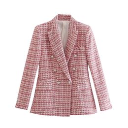 Women's Suits Blazers Autumn women's jacket Fashion Double Breasted Tweed Check Blazer Coat Vintage Long Sleeve Pockets Female Outerwear 230912