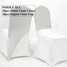 Chair Covers Full Set 20pcs White Spandex Cover With Sequin Cap Hood For Banquet Wedding Event Decoration