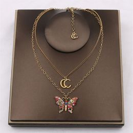 Luxury Designer Double Letter Pendant Necklaces 18K Gold Plated Butterfly Crysatl Pearl Rhinestone Sweater Necklace for Women Wedd2137