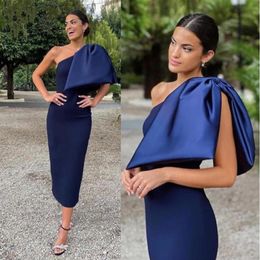 little black dress tea-length evening cocktail dresses 2022 one-shoulder navy blue mermaid big bow occasion prom party gown202v