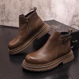 New Brown Short Boots for Men Black Buckle Strap Fashion High-Top Casual Leather Shoes Men Business Boots 1AA52