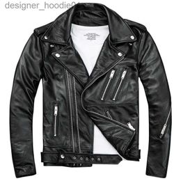 Men's Fur Faux Fur Mens Black Biker Leather Jackets Coats Double Diagonal Zipper Cowhide Slim Fit Short Motorcycle Coats Male Tops L230913