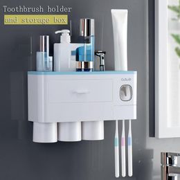 Bath Accessory Set Holder Automatic Toothpaste Dispenser With Cup Wall Mount Toiletries Storage Rack Bathroom Accessories