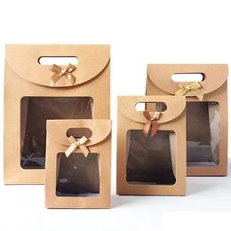 Gift Wrap 12Pcs Kraft Paper Bags With Pvc Window Portable Packaging Bag For Thanksgiving Birthday Wholesale Drop Delivery Home Garden Dhxvf