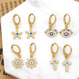 Dangle Earrings FLOLA Lucky Turkish Blue Eye For Women Copper Zircon Cross Shape Evil Gold Plated Jewelry Ojo Turco Erst49