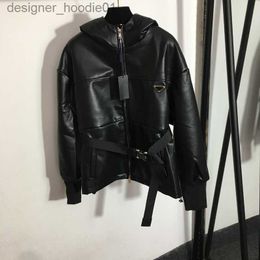 Men's Fur Faux Fur Luxury PU Leather Jackets Creative Belt Designer Outerwear Black Windproof Female Coat Men Women Brand Jacket Windbreakers L230913