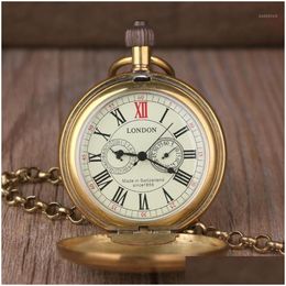Pocket Watches Vintage Retro Copper Watch Men Alloy London Mechanical With Metal Chain Steampunk Roman1 Drop Delivery Otfnp