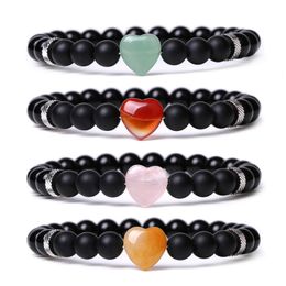 Natural Stone Love Heart Charm Bracelet Gemstone Beaded Bracelets for Men Women Fashion Jewelry Gift