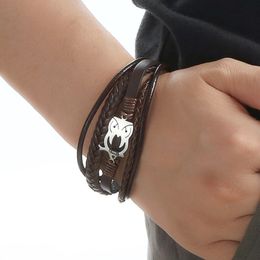 Punk Stainless Steel Owl Charm Bracelet Men Stainless Steel Magnet Buckle Leather Braided Bracelets Bangle Cuff Jewelry