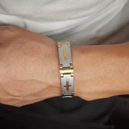 Link Bracelets Mens Bracelet Chain Cross Logo Bangle Silver Gold Stainless Steel Jewellery For Father Husband Boyfriends Gifts 12mm 8.66inch