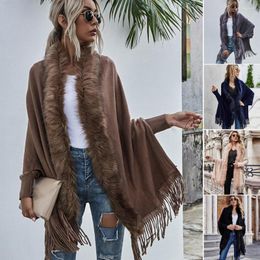 Women's Knits Batwing Long Sleeve Loose Fit Shawl Cardigan Fall Winter Artificial Fur Collar Tassel Hem Women Warm Knitting Poncho Outerwear