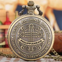 Bronze Watches Bible Philippians 413 Jesus Christ Christian Quartz Pocket Watch Necklace Chain Gifts for Men Women201H