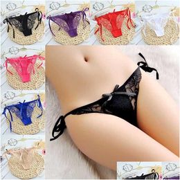 Women'S Panties 20Type Sexy Lace Women See Through Low Waist Open Crotch Underwear Briefs Bowknot Pearl Lingerie Thong G String T Ba Otohq