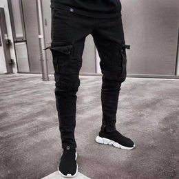 Men Skinny Jeans Multi-Pocket Slim Pencil Pants 2021 Black New Male Overalls Street Hip-Hop Moto & Bike Clothing Jeans X06212921