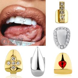 18K Gold Single fake gold teeth grillz Braces with CZ Cubic Zirconia Cross Teeth - Perfect for Punk, Hip Hop, Cosplay, Halloween, Vampire Rapper, and Body Jewelry Gifts