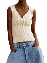 Women's Tanks Women Knitted Sweater Tank Tops Solid Color V-Neck Sleeveless Backless Vests Summer Casual Slim Fit Crop Y2K 90s Streetwear