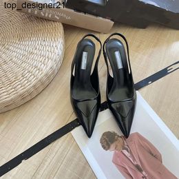 2023 summer branded Dress Shoes Women Triangle Pumps Mid-heel Slingback Sandals Designers summer Shoes 7cm Heels Sandales leather sliver metal buckle high heels