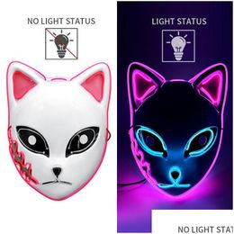 Party Decoration 2022 Led Glowing Cat Face Mask Cool Cosplay Neon Demon Slayer Fox Masks For Birthday Gift Carnival Masquerade Hallowe Dhc5W