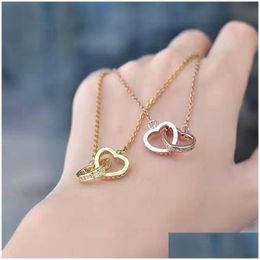 Classic Love Necklaces Double Heart Shape Rings Pendant Diamond Clavicle Chain Fashion Ladies Torque Couple Gift Jewellery Accessories No Drop