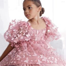 Girl Dresses Lovely Pink Puffy Sleeves Flower Dress For Wedding 3D Butterfly Appliques Backless Birthday Party First Communion Gown