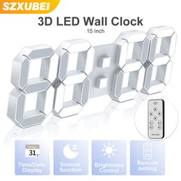 Decorative Objects Figurines 3D LED Wall Clock Large Digital Wall Clock With Remote Control Alarm Clock Time/Date/Temp Display Wall Table Clock Modern Design 230912