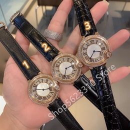 Fashion Ladies Crystals Dress Roman Watches zircon Quartz Watch rhinestone clock Women Full diamonds Real Leather watch 36mm220M