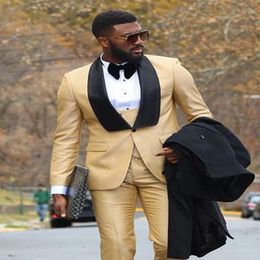 Style Groomsmen Gold Groom Tuxedos Shawl Black Lapel Men Suits Wedding Man 3 Pieces Jacket Pants Vest Tie D92 Men's & Bla213L
