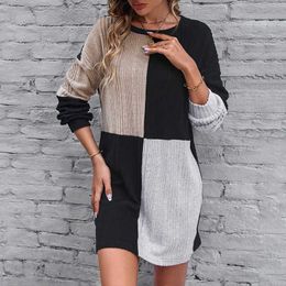 Contrast Colour Long Sleeve Round Neck Dress Autumn Fashion Women's Versatile Simple Loose Casual Short Skirt