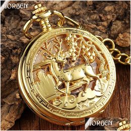 Pocket Watches 2021 Gold Clock Flower Deer Carving Design Mechanical Watch Fob Waist Chain Skeleton Hollow Steampunk Men Drop Delivery Dhgzb