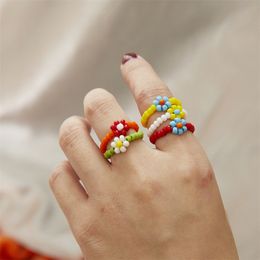 New Fashion Candy Colour Geometric Resin Rings For Girls Elastci Flower Beads Rings Women Jewellery Gift