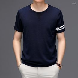 Men's T Shirts Light Luxury Summer Blended Knitted Short-Sleeved T-shirt Round Neck Striped Drape